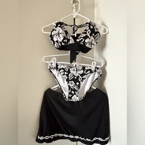 Black and White Floral Bikini Set with Skirt